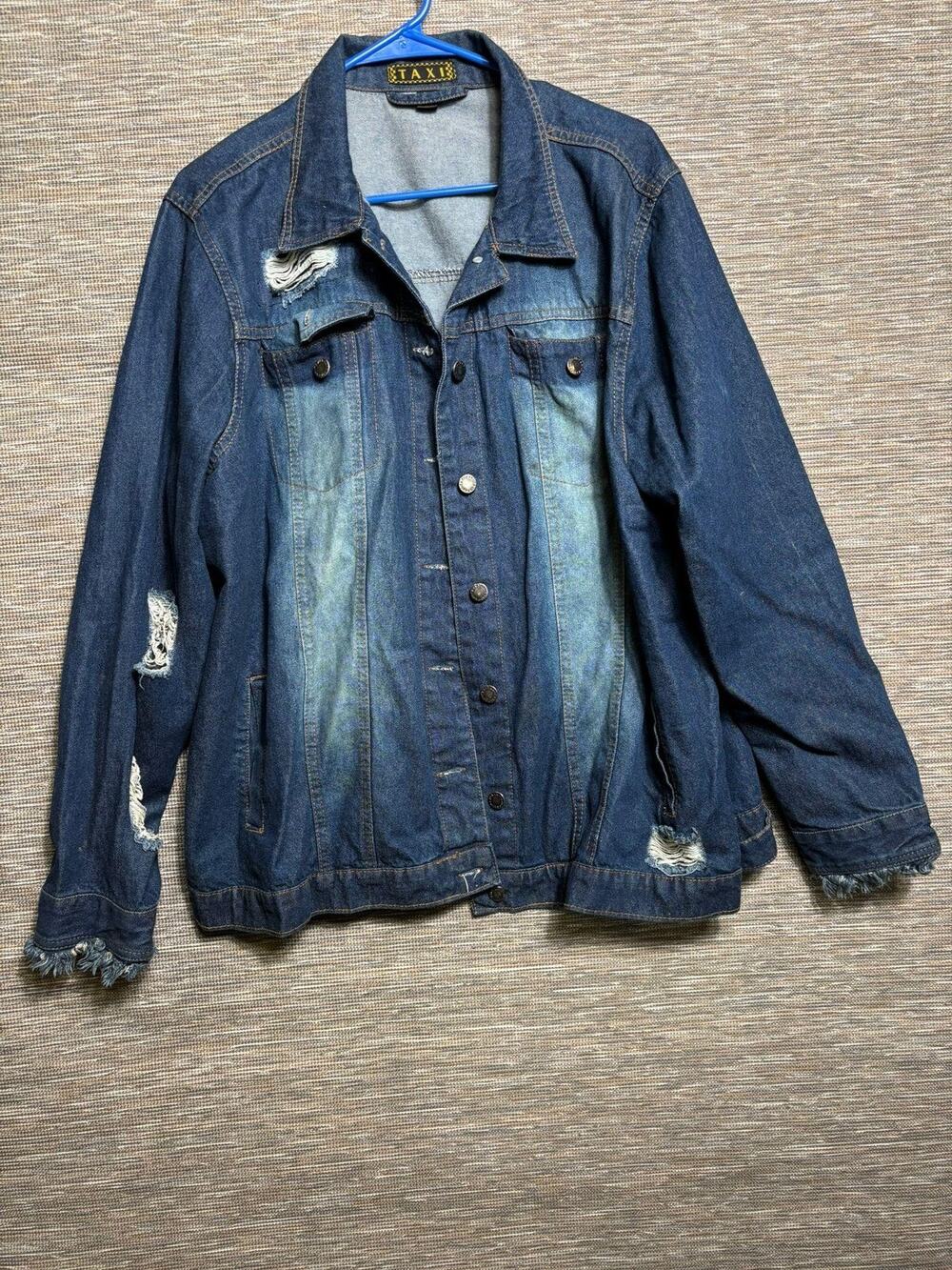 TAXI Denim Jacket Mens 2XL Blue Distressed Button Front Jean Trucker Streetwear